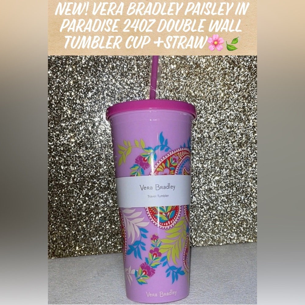 New! Vera Bradley Paisley in Paradise 24oz Double Wall Tumbler Cup +Straw🌸🍃